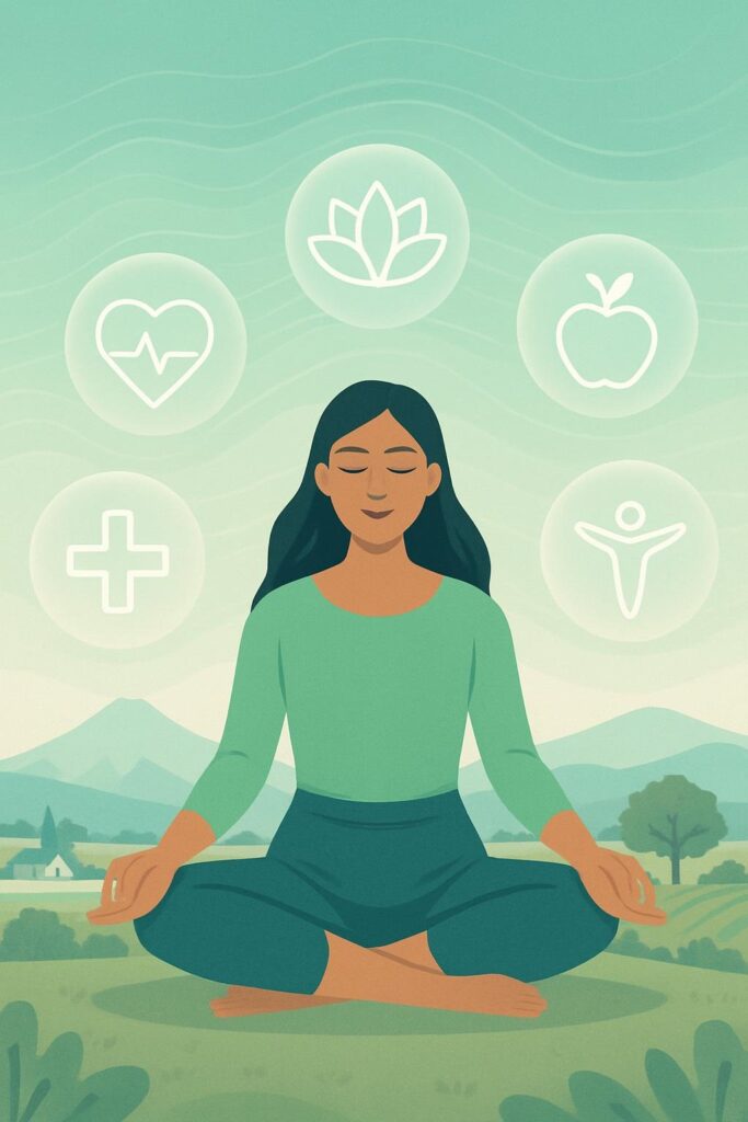 Ilustración de bienestar integral con paisaje rural y elementos abstractos de salud.