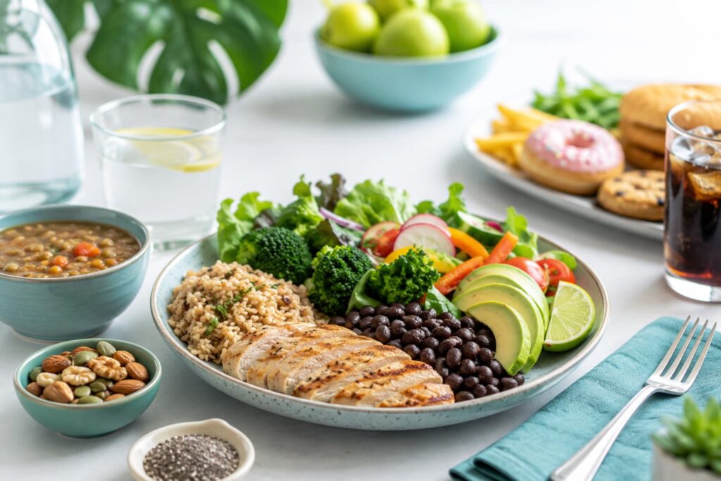 Plato saludable con verduras, pollo, frijoles y aguacate para resistencia a la insulina