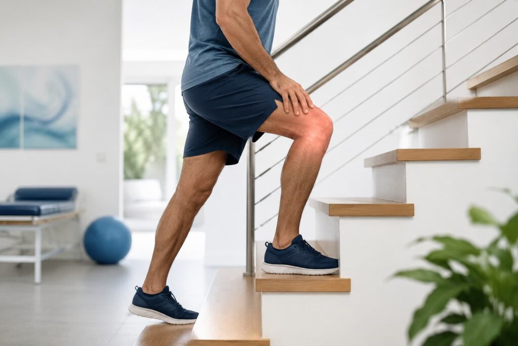 Persona subiendo escaleras para ilustrar el esfuerzo de rodilla, muslo, tobillo y pie