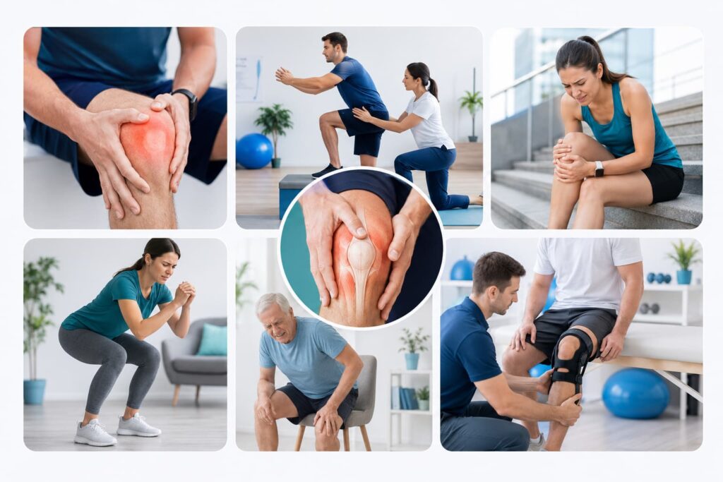 Collage de imágenes sobre causas comunes del dolor de rodilla al subir escaleras, como dolor patelofemoral, debilidad muscular, sobrecarga, tendinitis, desgaste y rehabilitación