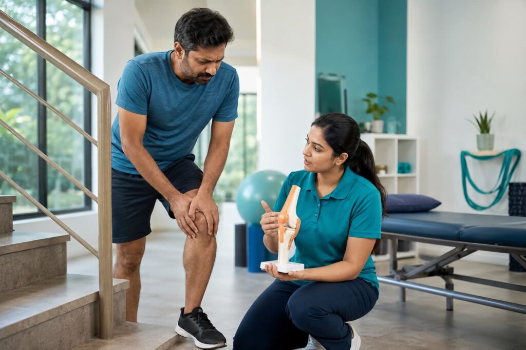 Imagen de consulta de fisioterapia para representar el dolor de rodilla al subir escaleras, sus posibles causas y la importancia de recibir orientación profesional.
