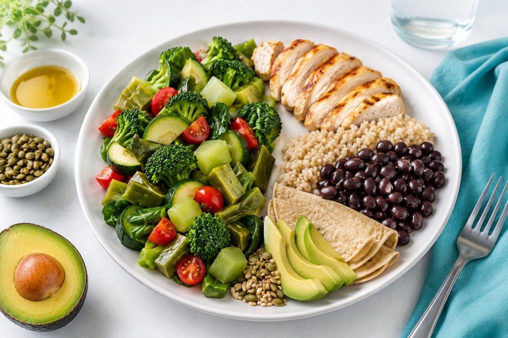 Plato equilibrado con verduras, pollo, arroz, frijoles, tortillas y aguacate