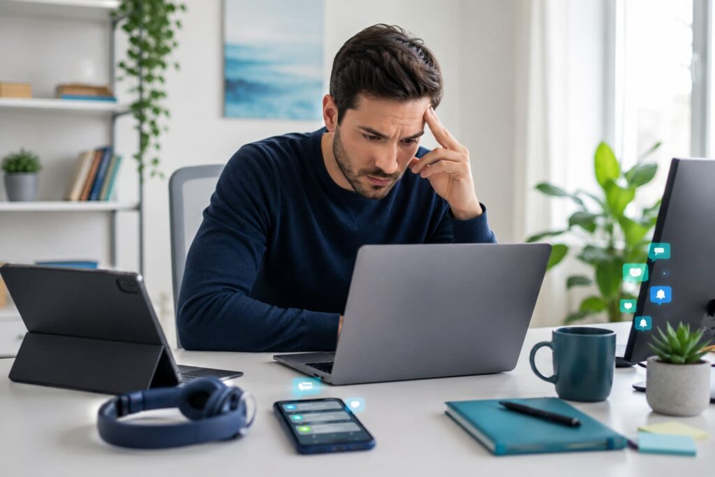 Adulto con dificultad para concentrarse por sobrecarga digital y exceso de pantallas
